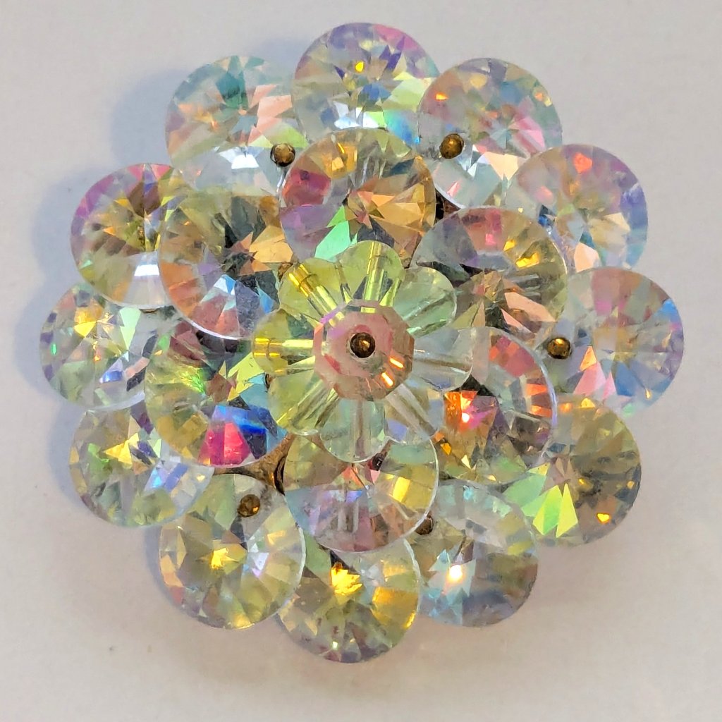 Vintage Gold Tone Ab Aurora Borealis Floral Flower Round Brooch Pindddd